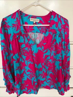 Hale Bob Fuchsia & Turquoise Floral V-Neck Blouse